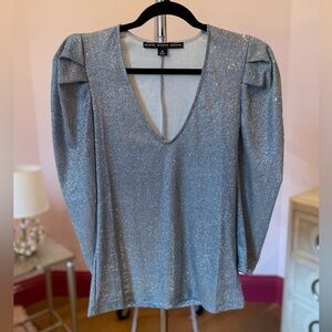 Blue V-Neck blouse Puff sleeve blue silver shimmery top medium